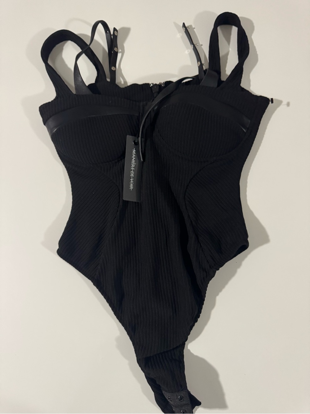 Maniere De Voir Black Ribbed Bodysuit with Structured Cups